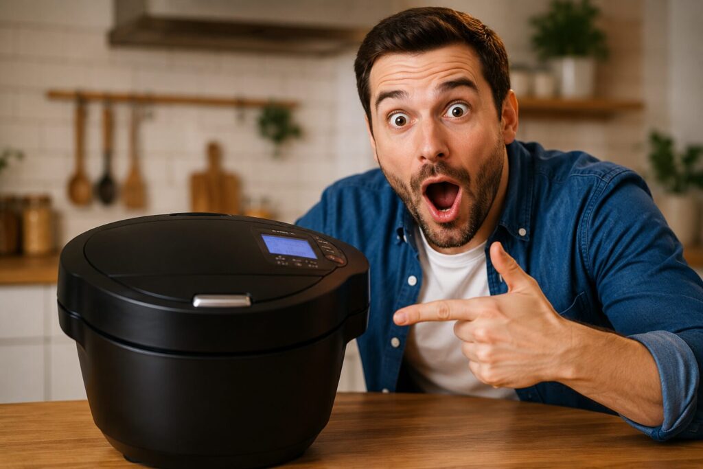 ホットクック2.4Lを見て驚く男性