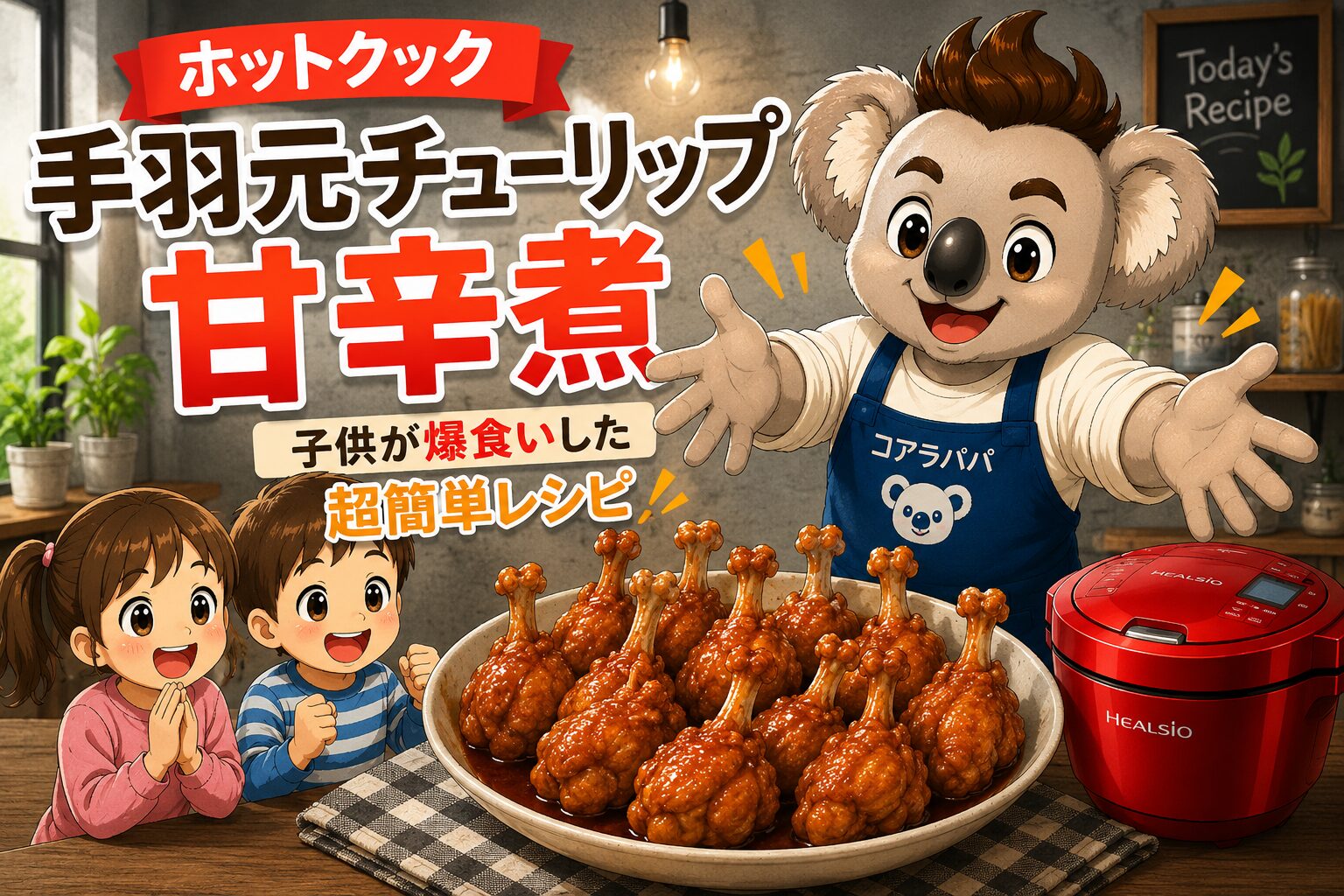 ホットクックで作った手羽元チューリップ甘辛煮を紹介するコアラパパ