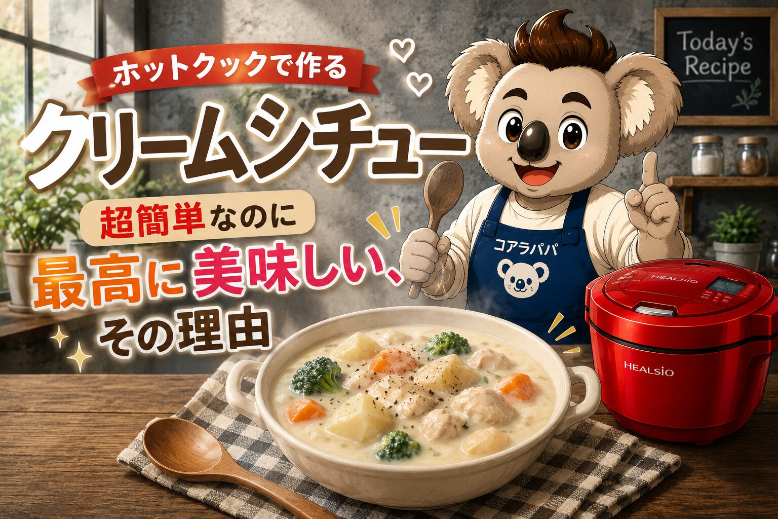 ホットクックで作ったクリームシチューを紹介するコアラパパ