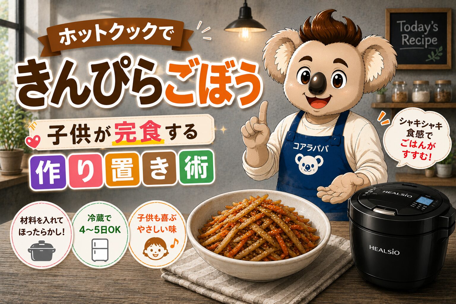 ホットクックで作ったきんぴらごぼうを紹介するコアラパパ