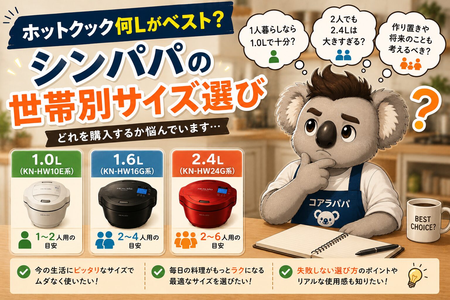 ホットクックの1.0L・1.6L・2.4Lを比較しながら、シングルファーザー向けに最適サイズを解説する画像