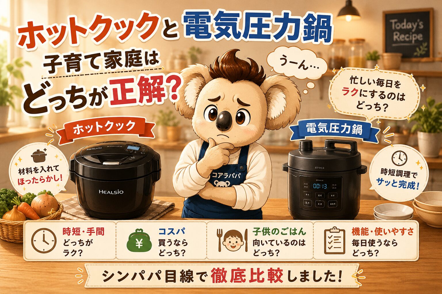 ホットクックと電気圧力鍋を比較して悩むコアラパパ