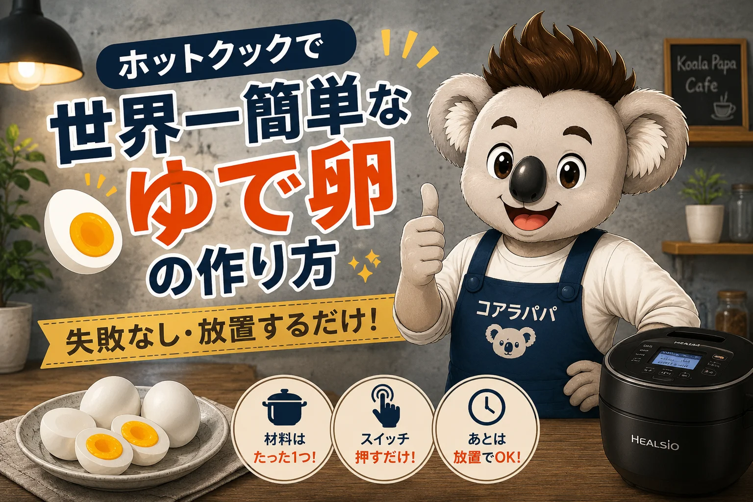 ホットクックで作る世界一簡単なゆで卵の作り方を紹介するコアラパパ