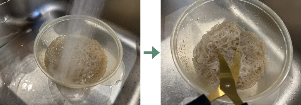 左が糸こんにゃくを水洗いしているところ、右がキッチンばさみで短く切っているところ